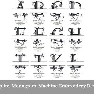 Peut inclure: Présentation de monogrammes divisés en noir, avec des lettres ornées de A à L, surmontées de motifs floraux. Le texte "Splite Monogram Machine Embroidery Designe" est visible en bas de l'image.