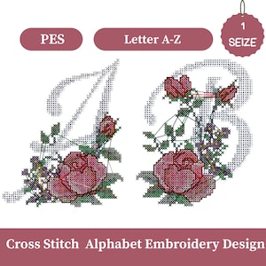 May include: Cross stitch alphabet embroidery design featuring the letters A and B, each adorned with red roses and green foliage. The design includes the text "PES", "Letter A-Z", and "1 SEIZE". The bottom of the image reads "Cross Stitch Alphabet Embroidery Design".