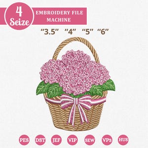 Peut inclure: Un motif de broderie représentant un panier en osier rempli de fleurs roses et de feuilles vertes, noué d'un nœud rose. Le motif est disponible en quatre tailles : 8,9 cm, 10,2 cm, 12,7 cm et 15,2 cm. L'image contient également le texte "EMBROIDERY FILE MACHINE".