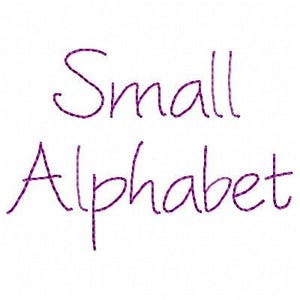 May include: The words "Small Alphabet" are written in a purple, handwritten style on a white background. The text appears to be a digital illustration or design element, suitable for various creative projects.