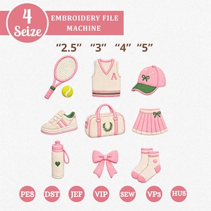Peut inclure: Ensemble de broderies roses et blanches sur le thème du sport, comprenant une raquette de tennis, une balle de tennis, un gilet, une casquette de baseball, des baskets, un sac de sport, une jupe, une gourde, un nœud et des chaussettes. Le texte indique "EMBROIDERY FILE MACHINE" et "4 Seize".