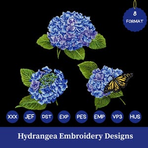 Peut inclure: Motifs de broderie représentant des fleurs d'hortensia bleues avec des feuilles vertes. Un motif comprend un papillon. L'image comprend le texte "Hydrangea Embroidery Designs" et répertorie 8 formats.