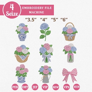 Set of 9 Hydrangea Embroidery Design Bundle,Chinoiserie Vase Embroidery Files,Blue Pink Flower Bouquet, Cottagecore Embroidery,4 Size