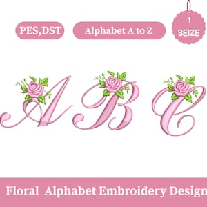 Könnte beinhalten: Gestickte Buchstaben A, B und C in Rosa, jeweils mit einer rosa Rose und grünen Blättern verziert. Das Design trägt den Titel "Floral Alphabet Embroidery Design" mit dem Text "Alphabet A to Z".
