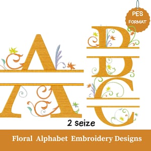 Pode incluir: Desenhos de bordado de alfabeto floral dourado com enfeites florais. A imagem mostra as letras A, B, C e D, cada uma com uma linha horizontal para personalização. O texto inclui "2 seizes" e "Floral Alphabet Embroidery Designs".