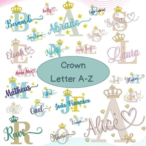 Diseño de bordado de letras de corona (A-Z), bordado a máquina con alfabeto real, monograma para nombre de bebé, descarga instantánea.
