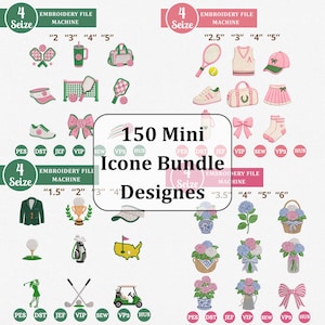 Puede incluir: Una colección digital de 150 diseños de bordado a máquina en miniatura con iconos de tenis, equipo de golf, arreglos florales y lazos. La imagen muestra varios tamaños en pulgadas y enumera formatos de archivo como PES, DST y JEF.
