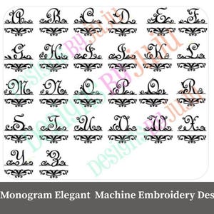 Peut inclure: Ensemble de motifs de monogrammes fendus pour la broderie machine. Chaque lettre de l'alphabet est présentée dans un style élégant et décoratif, avec un design divisé pour la personnalisation. Le texte "Split Monogram Elegant Machine Embroidery Designe" est en bas.