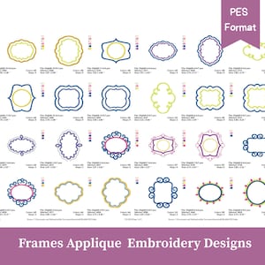 Peut inclure: Une collection de motifs de broderie d'appliqués de cadres de différentes formes et couleurs. Les motifs comprennent des cadres ovales, rectangulaires et ornés avec des coutures détaillées. Le texte "Frames Applique Embroidery Designs" est également inclus.