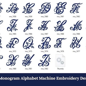 May include: A selection of navy blue monogram letters, each featuring a floral embellishment. The letters A to Z are shown, accompanied by the text "Vin Monogram Alphabet Machine Embroidery Designe".