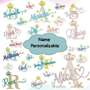 Puede incluir: Una colección de diseños de nombres personalizados, cada uno con una fuente y elementos decorativos únicos. Nombres como "Bernardo", "Alice" y "Matheus" se muestran con coronas, corazones y estrellas, con el texto "Name Personalizable" en el centro.