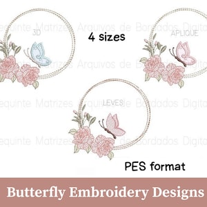 Peut inclure: Motifs de broderie papillon avec des papillons et des roses dans un cadre circulaire. L'image montre trois motifs différents avec des papillons bleus et roses, et le texte "4 tailles" et "format PES".
