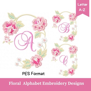May include: Floral alphabet embroidery designs featuring letters A, B, and C, each surrounded by pink roses and green leaves. The designs are in PES format, with the text "Letter A-Z" and "Floral Alphabet Embroidery Designs".