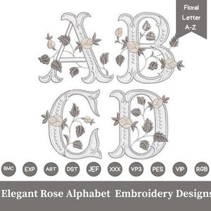 Op de afbeelding: Elegante borduurontwerpen met de letters A, B, C en D, versierd met bloemige rozenaccenten. Het ontwerp bevat een banner met de tekst "Floral Letter A-Z" en de tekst "Elegant Rose Alphabet Embroidery Designs".