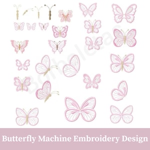Peut inclure: Plusieurs motifs de broderie de papillons roses de différentes tailles et styles. Les papillons présentent des motifs d'ailes délicats sur fond blanc. Le texte "Butterfly Machine Embroidery Design" est en bas.