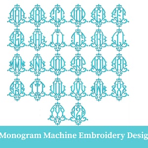 Puede incluir: Una colección de diseños de bordado de monogramas de vid turquesa. Cada letra del alfabeto se muestra en un estilo ornamentado y decorativo. El texto "Vine Monogram Machine Embroidery Designe" está en la parte inferior.