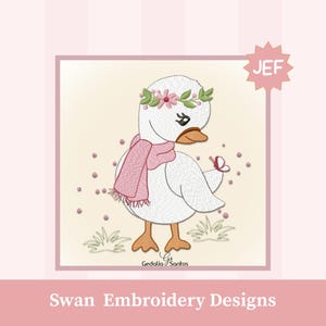 Lovely Swan Embroidery Design – Floral Goose Machine Embroidery Pattern, Animal Applique, Baby Clothes Embroidery File, 4 Sizes