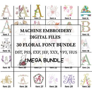 Mega bundle di 30 ricami con alfabeto floreale, disegni per ricamo a macchina con alfabeto floreale completo dalla A alla Z, lettere maiuscole, download immediato