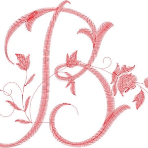 May include: Red embroidered letter "B" with floral accents. The design features a stylized rose and other floral elements, all rendered in a detailed, stitched style. The letter is in a cursive font, with a white background.