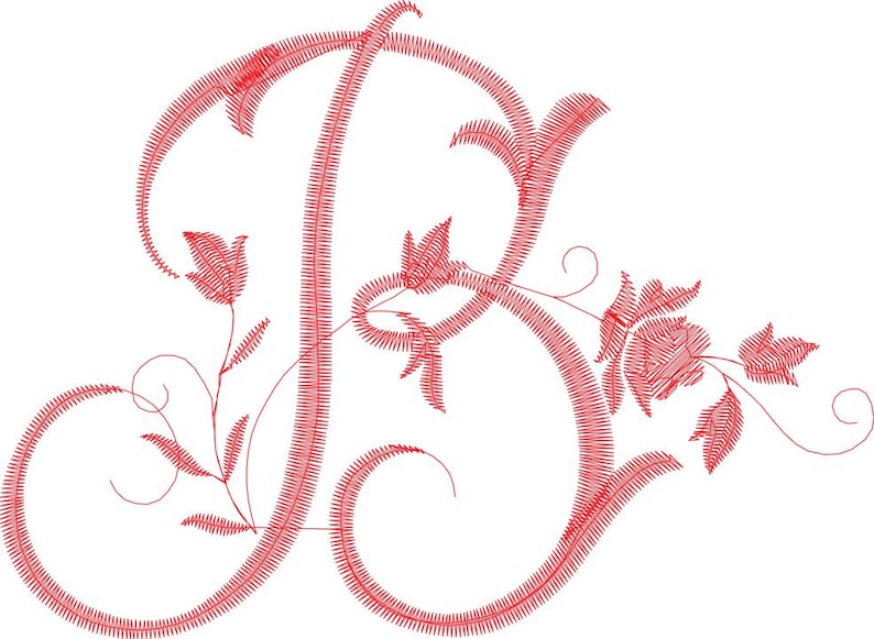 May include: Red embroidered letter "B" with floral accents. The design features a stylized rose and other floral elements, all rendered in a detailed, stitched style. The letter is in a cursive font, with a white background.