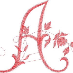 May include: A red embroidered letter "A" with floral embellishments. The design features a large, ornate capital letter with delicate leaves and flowers. The embroidery style gives a textured, handcrafted appearance, perfect for personalized crafts.