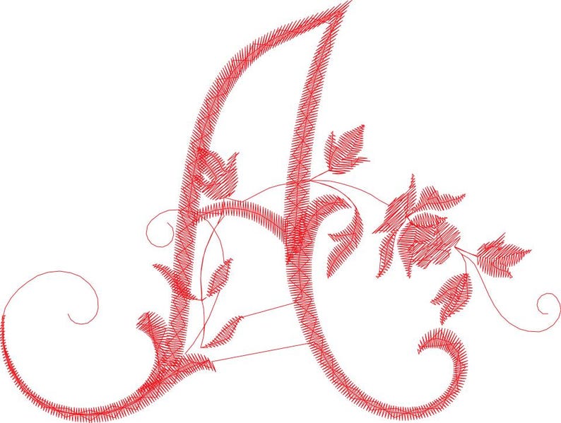 May include: A red embroidered letter "A" with floral embellishments. The design features a large, ornate capital letter with delicate leaves and flowers. The embroidery style gives a textured, handcrafted appearance, perfect for personalized crafts.