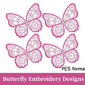 Peut inclure: Quatre motifs de broderie papillon roses avec des détails complexes. Les papillons ont une apparence délicate et dentelée, avec un contour rose plus foncé. L'image comprend le texte "PES format" et "Butterfly Embroidery Designs".