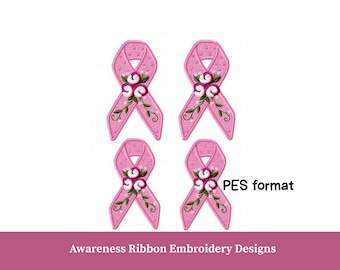 Floral Cancer Awareness Ribbon Machine Embroidery Design. Breast Cancer Ribbon design. Mini Fill Sitich Ribbon Embroidery