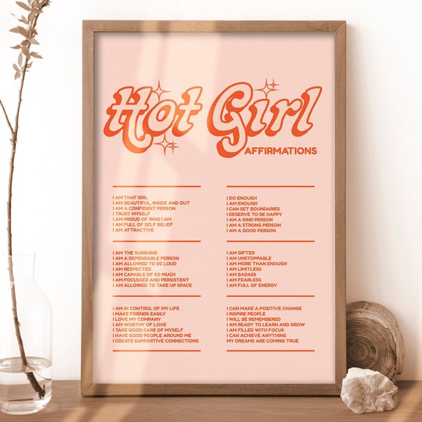 Hot Girl Affirmations Print, Self Love Art, Digital Download Print, Retro Wall Decor, Downloadable Prints, Self Therapy Wall Art