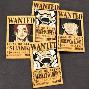 Custom wood engraving, inspired by the manga / Shanks luffy, zoro, One Piece wanted poster, wanted