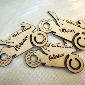 Customizable wooden motorcycle place cards for weddings, birthdays, and other celebrations...