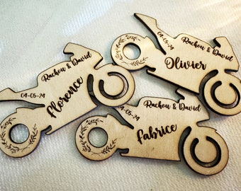 Customizable wooden motorcycle place cards for weddings, birthdays, and other celebrations...