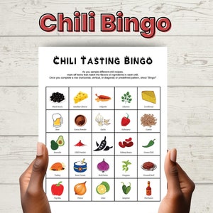 May include: A printable chili tasting bingo card with a 5x5 grid of squares. Each square contains a different ingredient or flavor commonly found in chili, such as black beans, cheddar cheese, chipotle, cilantro, cornbread, beer, cocoa powder, garlic, habanero, cumin, avocado, chili powder, kidney beans, green chili, turkey, sour cream, red onion, oregano, ground beef, paprika, onion, lime, jalapeno, and hot sauce.