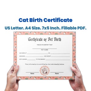 Personalized Pet Cat Birth Certificate Template Editable, New Kitten Gift For Cat Lovers, Pet Cat Records, Pet Keepsake