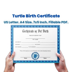 Personalized Pet Turtle Birth Certificate Template Editable, New Pet Gift, Pet Records, Pet Keepsake, Pet Custom Gift Certificate, Pet Lover