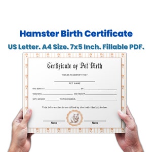 Personalisierte Haustier Hamster Geburtsurkunde Vorlage bearbeitbar, neues Haustier Geschenk für Hamster Liebhaber, Haustier Aufzeichnungen, Haustier Andenken