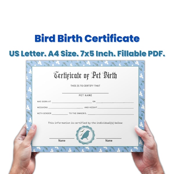 Personalized Pet Bird Birth Certificate Template Editable, New Pet Gift For Bird Lovers, Pet Records, Pet Keepsake