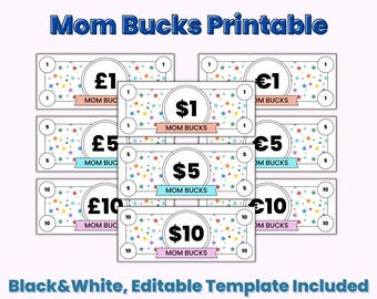 Moeder Bucks afdrukbaar, beloning Bucks, gedrag Bucks, karwei Bucks, bewerkbare Bucks, speelgeld sjabloon, Kids beloningssysteem