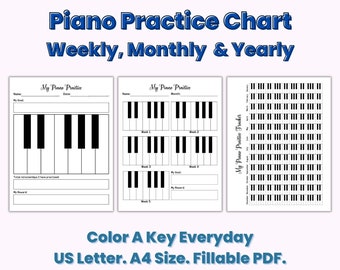 Piano oefenkaartbundel, muziekoefenlogboek, muziekoefentracker, dagelijks, wekelijks, maandelijks, jaarlijks gewoontetracker, pianostudentcadeau