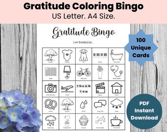 Printable Gratitude Coloring Bingo, Thankful Activities for Preschoolers, Fun Thanksgiving Party Game Ideas for kids, Mindfulness Gift