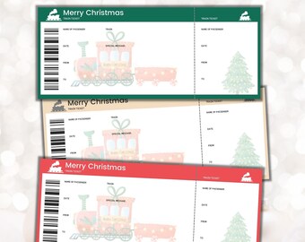 Op de afbeelding: Drie printbare treinkaartjesontwerpen voor Kerstmis. Elk kaartje heeft een cartoon-trein met een cadeaudoos, een kerstboom en de tekst "Prettige Kerst".