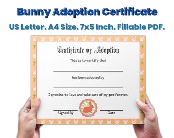 Certificat d'adoption de lapin lapin, modèle de certificat modifiable personnalisé pour la fête d'adoption d'animaux de compagnie, cadeau d'amant de lapin, adoption d'animaux en peluche