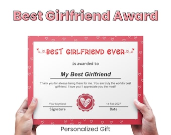 Best Girlfriend Ever Award Certificate, Personalized Love Certificate, Appreciation Gift For Women, Valentines, Birthday, Anniversary Gift