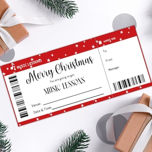 Plantilla personalizada de certificado de regalo de lecciones de música navideña, tarjeta de vale de regalo sorpresa de Navidad imprimible para preadolescentes, regalo para amantes de la música