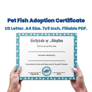 Pet Fish Adoption Certificate, Custom Editable Certificate Template for Fish Adoption Party, Adoption Gifts for Boys, Stuffed Animal