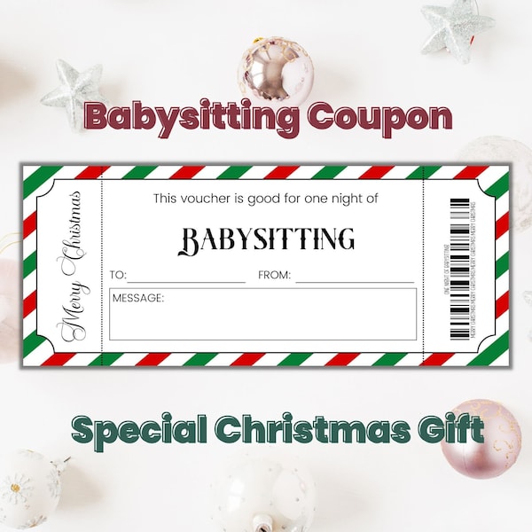 Babysitting Voucher Card for Christmas, Babysitting Coupon, Christmas Editable Gift Certificate Template, Surprise Christmas Gift for Mom