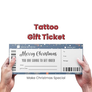 Modèle de billet de bon de tatouage de Noël personnalisé modifiable, obtenez un certificat-cadeau encré, carte-cadeau surprise de billet de tatouage pour Noël