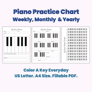 Piano oefenkaartbundel, muziekoefenlogboek, muziekoefentracker, dagelijks, wekelijks, maandelijks, jaarlijks gewoontetracker, pianostudentcadeau