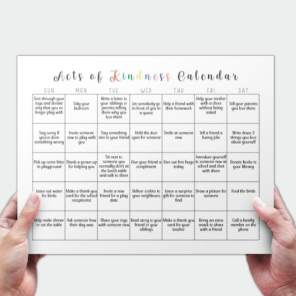 Act of Kindness Calendar for Kids, Christmas Kindness Advent Calendar Editable Template, Christmas Activities for Children