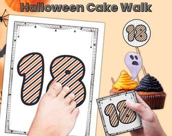 Może przedstawiać: Drukowana gra Halloween Cake Walk z numerem 18 w czarno-pomarańczowe paski. Gra zawiera drukowaną kartę z numerem 18 i drukowane koło z numerem 18.